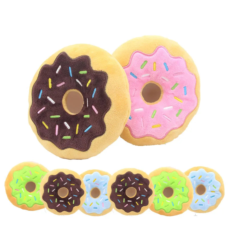 Interactive Low MOQ Custom Crinkle Cute Donut Dog Toys Plush Squeaky Chew Stuffed Teething Pet Toys