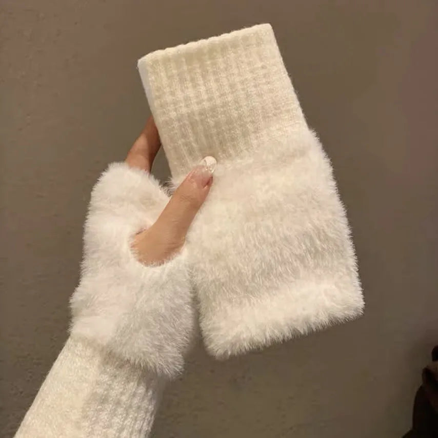 Winter Keep Warm Plush Gloves Soft Half Fingers Knitted Girls Fashion Gloves
