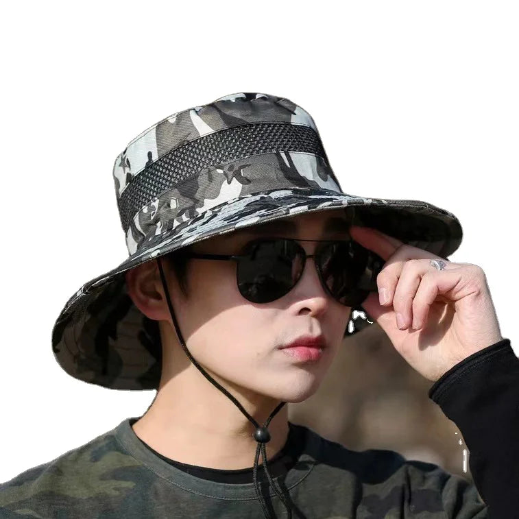 Custom New Chin Strap Summer Hat Outdoor Wide Brim Sun Hat Men Camo Hiking Fishing Sun Hat