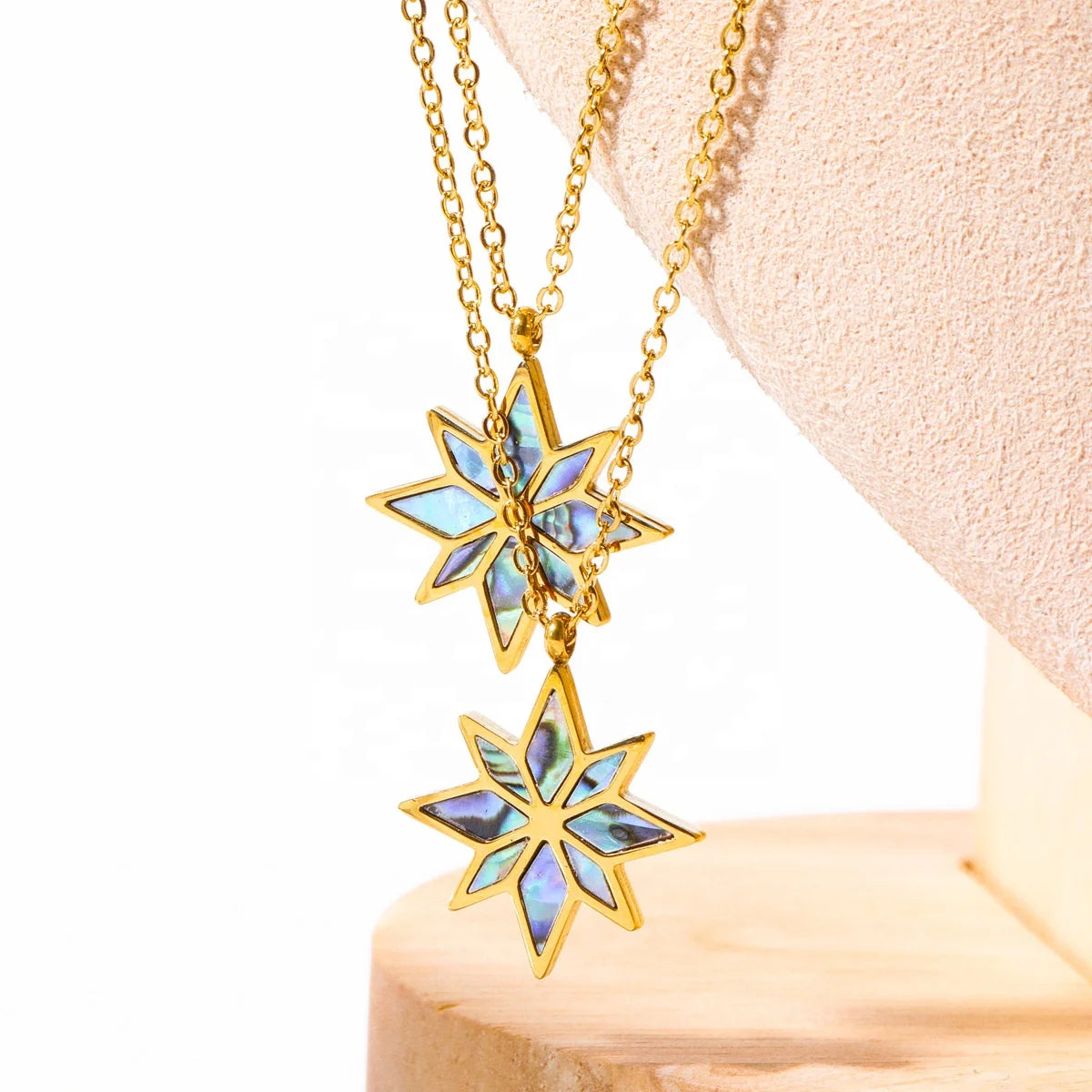 Dina Vintage 18K Gold Waterproof Stainless Steel Necklace Handmade Natural Abalone Shell Hexagram David Star Pendant Jewelry