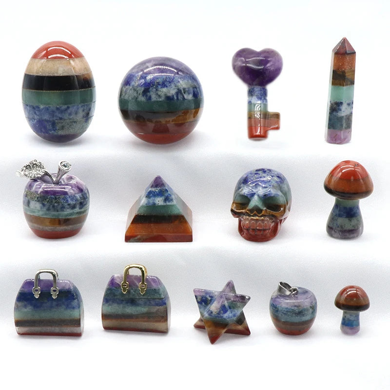 Chakra Pocket Multicolor Splice Engraving Skull Pyramid Heart Stars Moon Home Decor Many Shapes Gemstone Tumbled Stone Staues