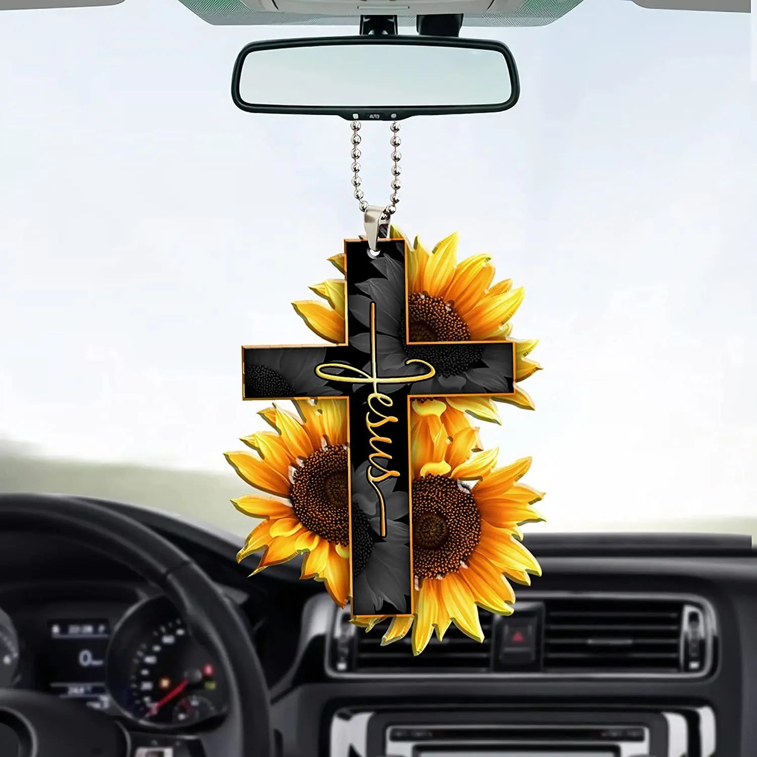 Sunflower God Jesus Cross Christian Car Mirror Charm Pendant Home Wall Hangings Decor