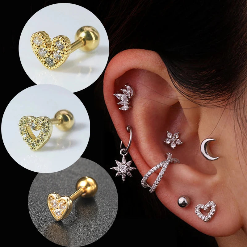 Helix Piercing Heart Earrings Women Dainty Trend 2023 Silver Color Zircon Tragus Daith Lobe Cartilage Ear Studs Body Gift Party
