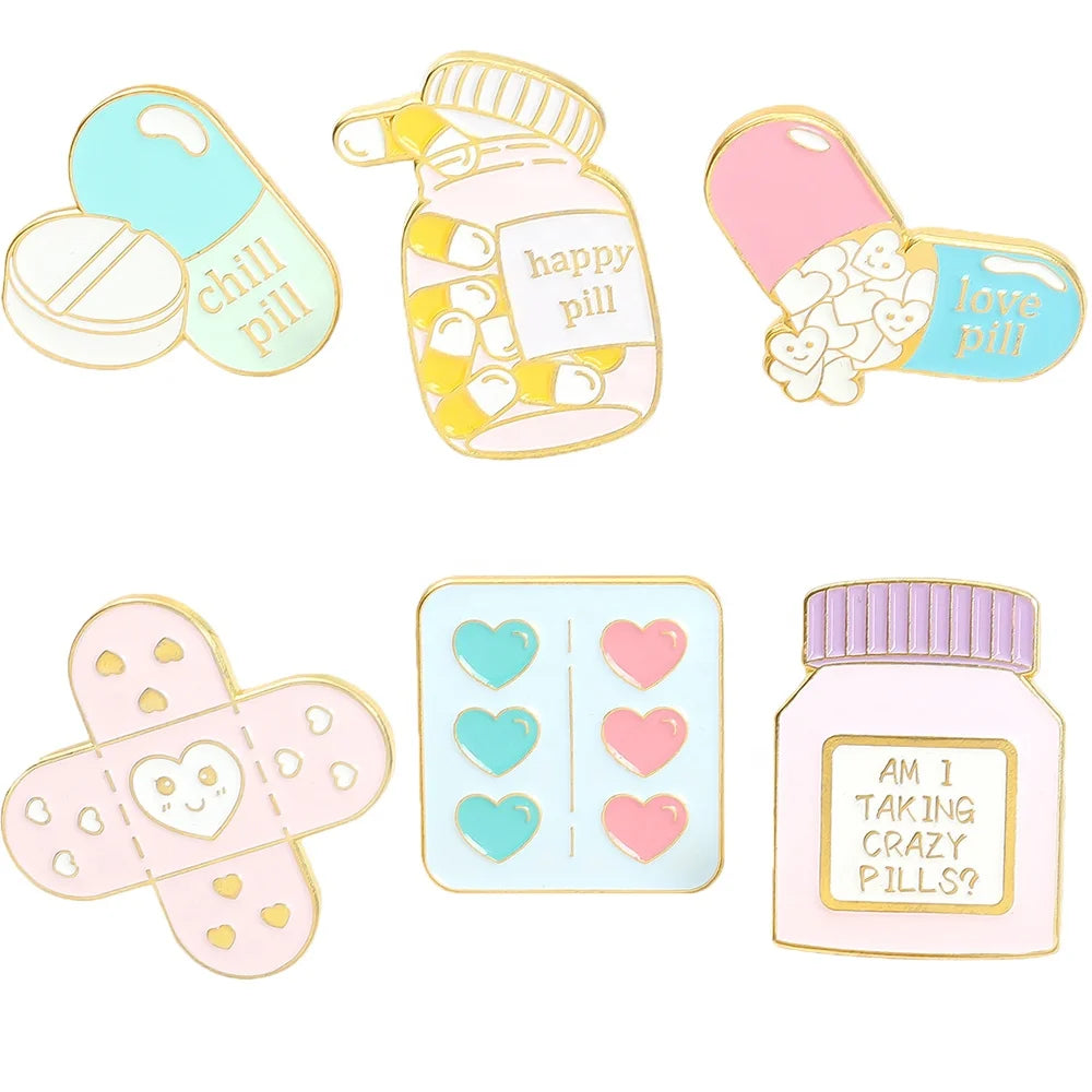 Cute Alloy Medical Heart Pill Medicine Bottle Brooch Wedding Children's Plating Chill Pill Pin for Pharmacy Nurse Gift