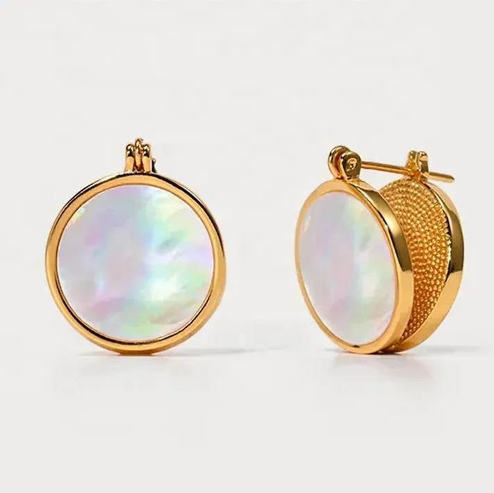 European and American Vintage Brass 18k Gold Inlaid Round Double-sided Mother-of-pearl Earrings
