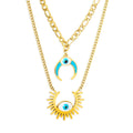 Non Tarnish Waterproof Gold Plated Stainless Steel Sun Moon Pendant Necklace Fashion Ladies Double Layer Eye Charm Necklace