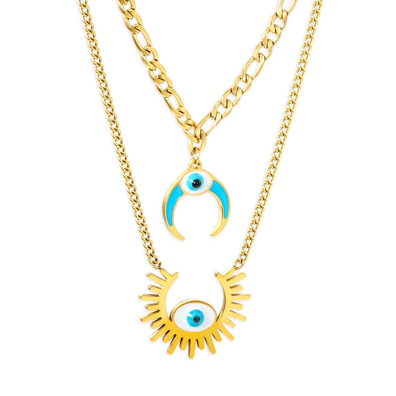Non Tarnish Waterproof Gold Plated Stainless Steel Sun Moon Pendant Necklace Fashion Ladies Double Layer Eye Charm Necklace