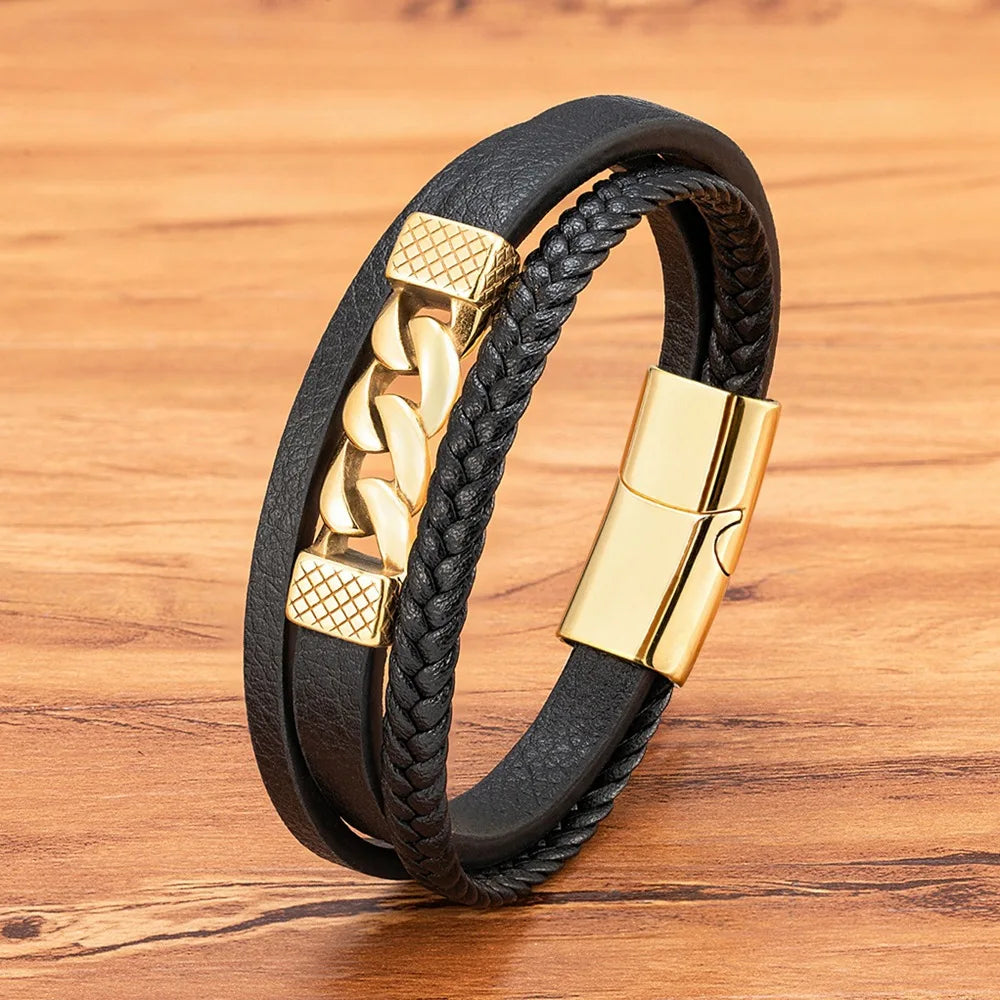 Black Braided Leather Bracelets Engraving Stainless Steel Stacked Woven Multi Layer Jewelry Leather Bracelet for Men