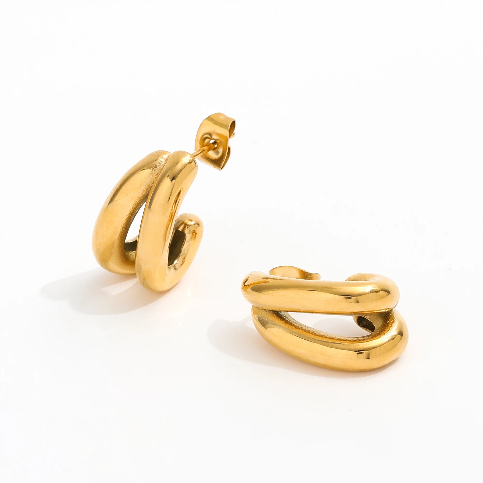 New Trendy Earring 18K Gold Plated Chic Double Rows Stainless Steel Hoop Earrings for Women
