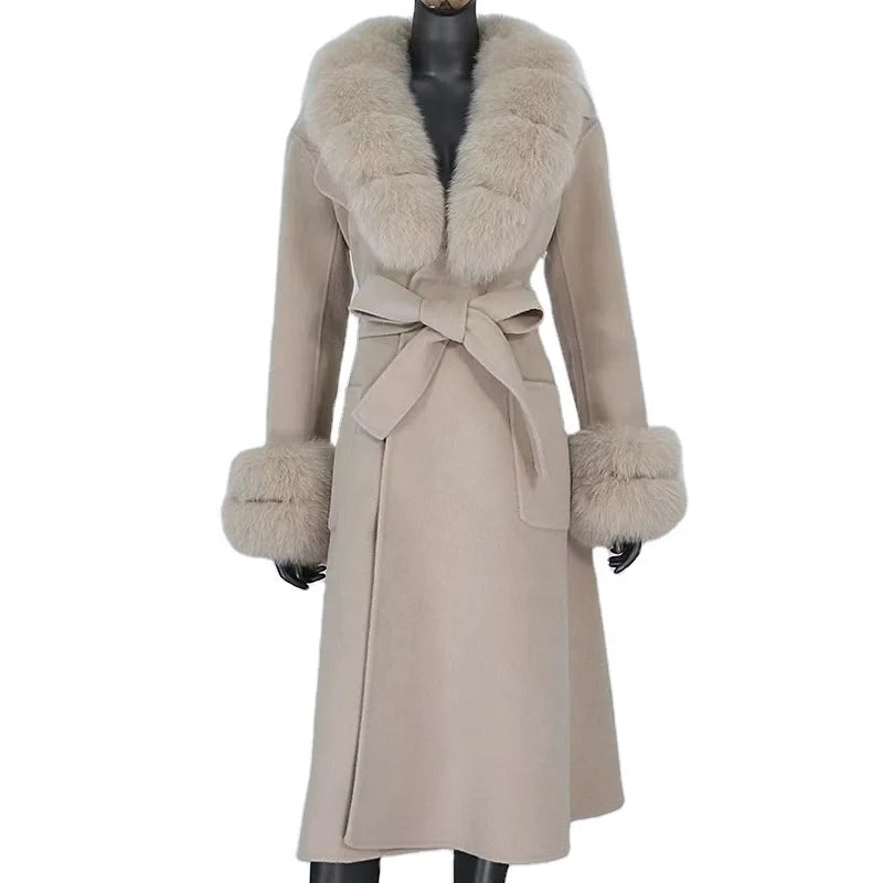 2022 Winter Women Long Cashmere Wool Jacket With Fur Collar Cuffs Detachable Wool Coat