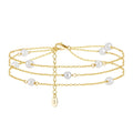 SA52 S925 Sterling Silver Dainty Pearl Multi-layer Anklet for Women Girls Adjustable Beach Foot Ankle Bracelet Simple Anklets