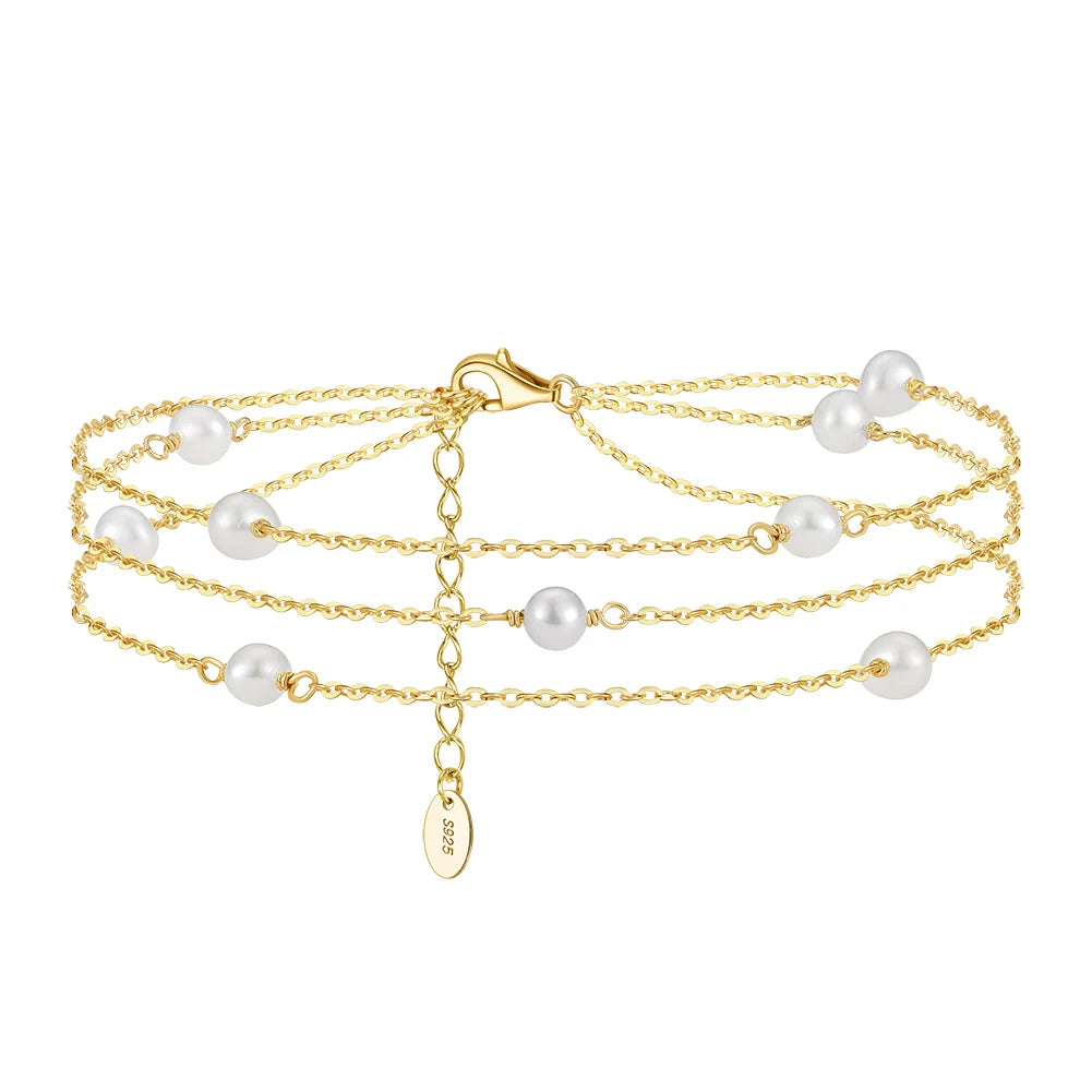 SA52 S925 Sterling Silver Dainty Pearl Multi-layer Anklet for Women Girls Adjustable Beach Foot Ankle Bracelet Simple Anklets