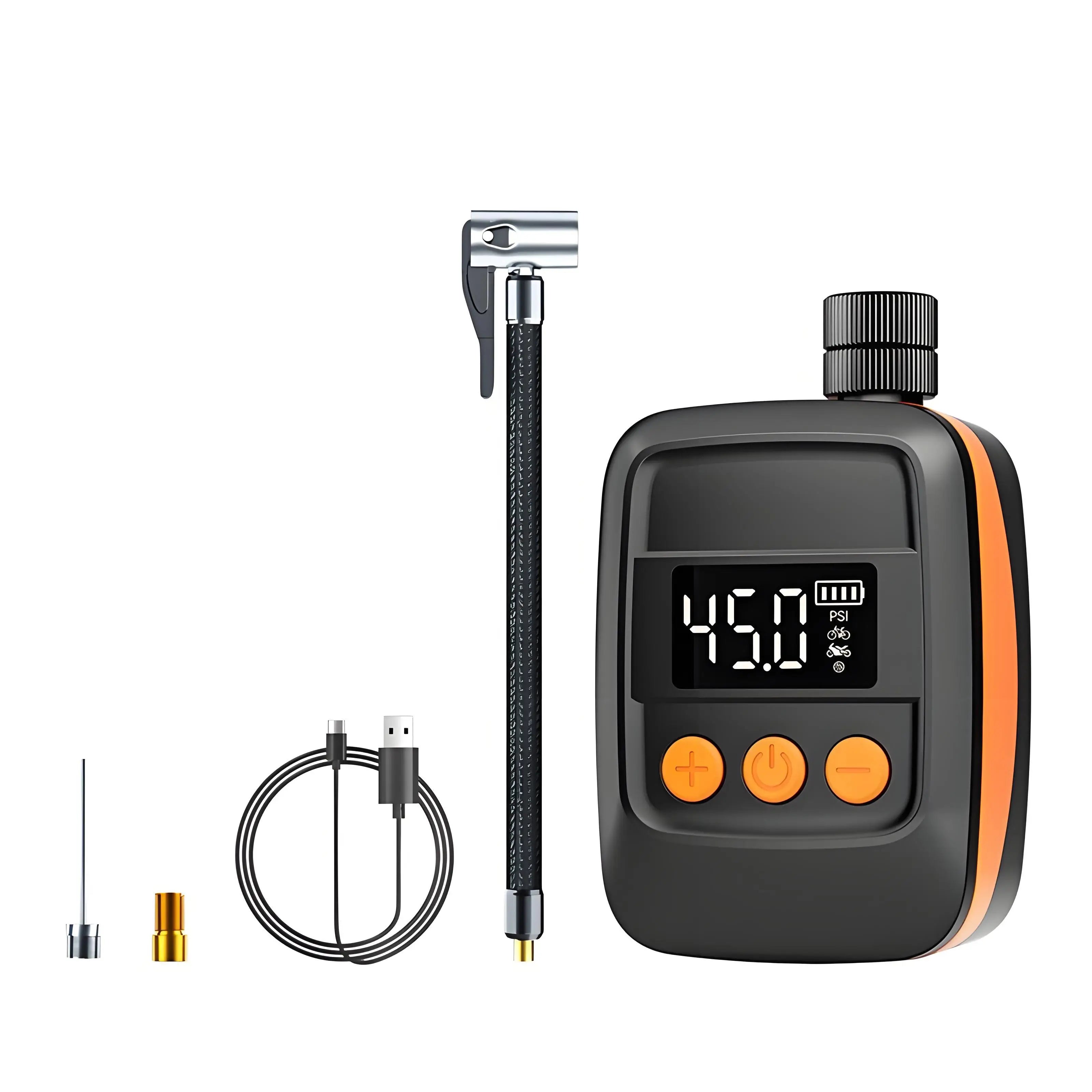 Electric Bike Pump Gauge 150 PSI Auto Shut-Off Portable Presta/Schrader Valve Adapter Plastic Body Type-C Charging 500mAh