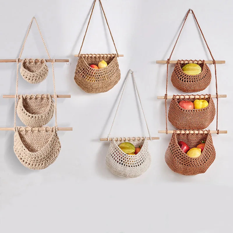 Cotton Hanging Fruit  Basket Handmade Woven Jute Wall Hooks Storage Baskets for Kitchen Restaurant