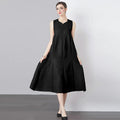 Women's Autumn Washable Vintage New Fashion Casual Pleated Ruched Chiffon Natural Waist Woven Bohemian Solid Color Knee-Length