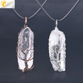 CSJA Handmade Natural White Crystal Copper Wire Wrapped Pillar Big Stone Pendant Life of Tree Necklace Ppc Chain F554