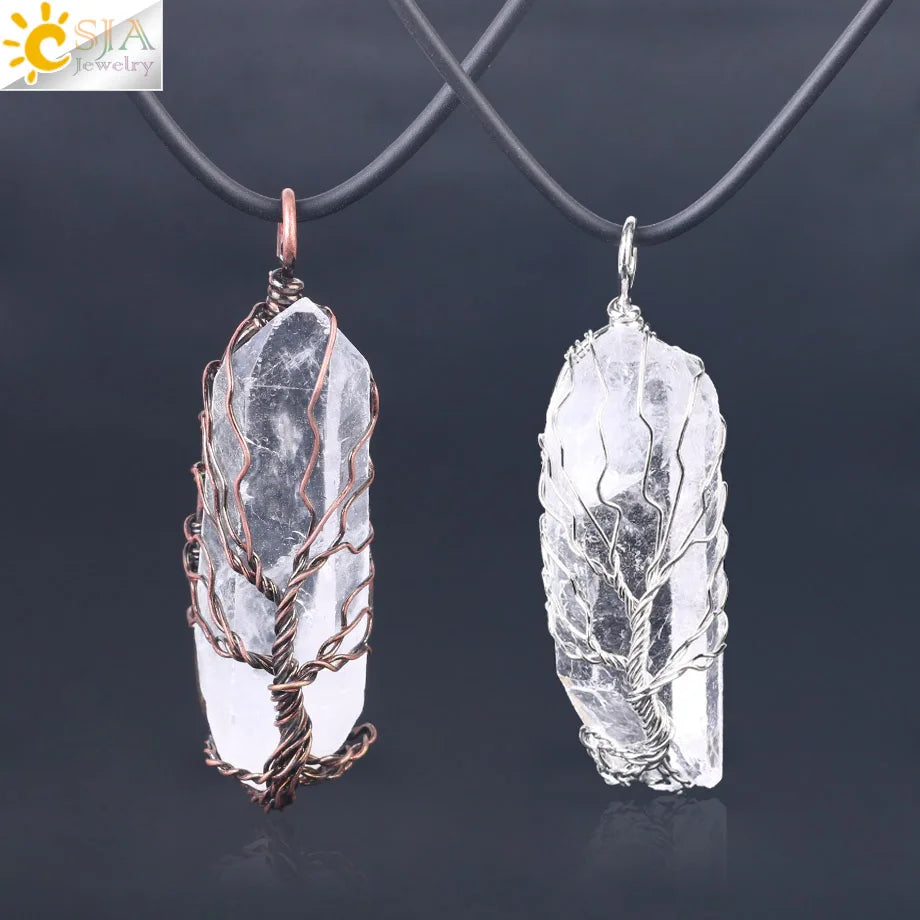 CSJA Handmade Natural White Crystal Copper Wire Wrapped Pillar Big Stone Pendant Life of Tree Necklace Ppc Chain F554