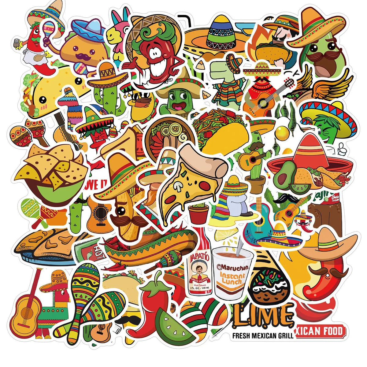50Pcs Cute Cartoon Mexican Food Taco Decorative Stickers for Car Wall Bottle Laptop Cactus Mexican Culture Sticker MegaBDM