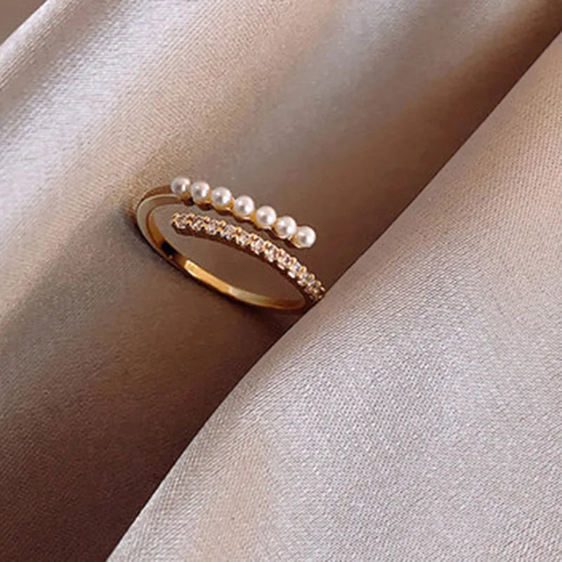 New Design Shiny Diamond Baroque Pearl Open Band Ring Crystal Rhinestone Open Finger Gold Pearl Ring Perlas