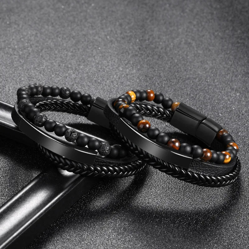 Woven Leather Rope Bracelet Wrist Bangle High Standard Punk Bead Uk Multilayer Leather Humanic Bracelet for Men