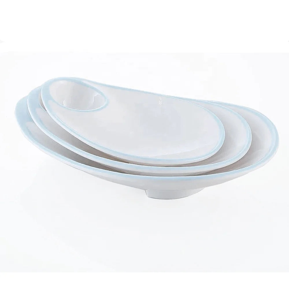 Unbreakable Restaurant Tableware Dumpling Serving Irregular Blue Rim White Melamine Dinner Plate