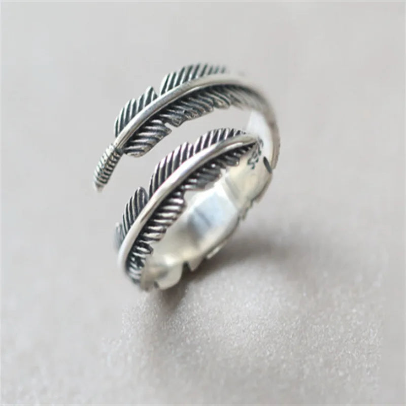 GT 925 SILVER Leaf Feather Shape Rings Silver Opening Adjustable Rings for Men or Woman