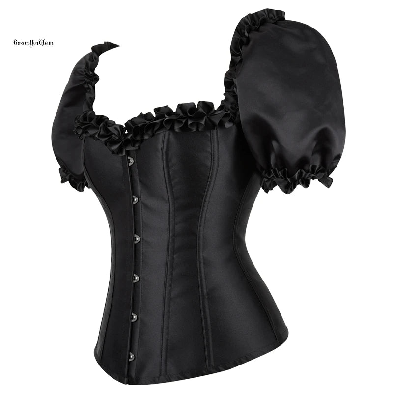 Black Short Sleeve Party Satin Corsets Women's Waist Slimming Trainer Sexy Victorian Bustiers 12 Plastic Bones Overbust Crop Top
