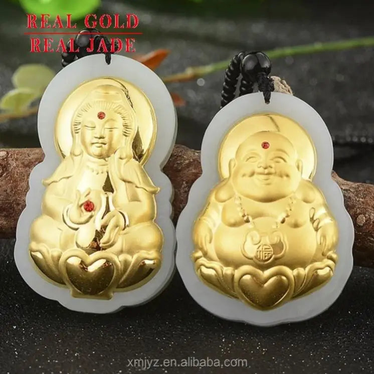 Certified 3D Gold Inlaid Jade Hetian Jade Inlaid Gold 4D Pure Gold Hetian Jade Gem Guanyin Buddha Pendant Manufacturer Wholesale