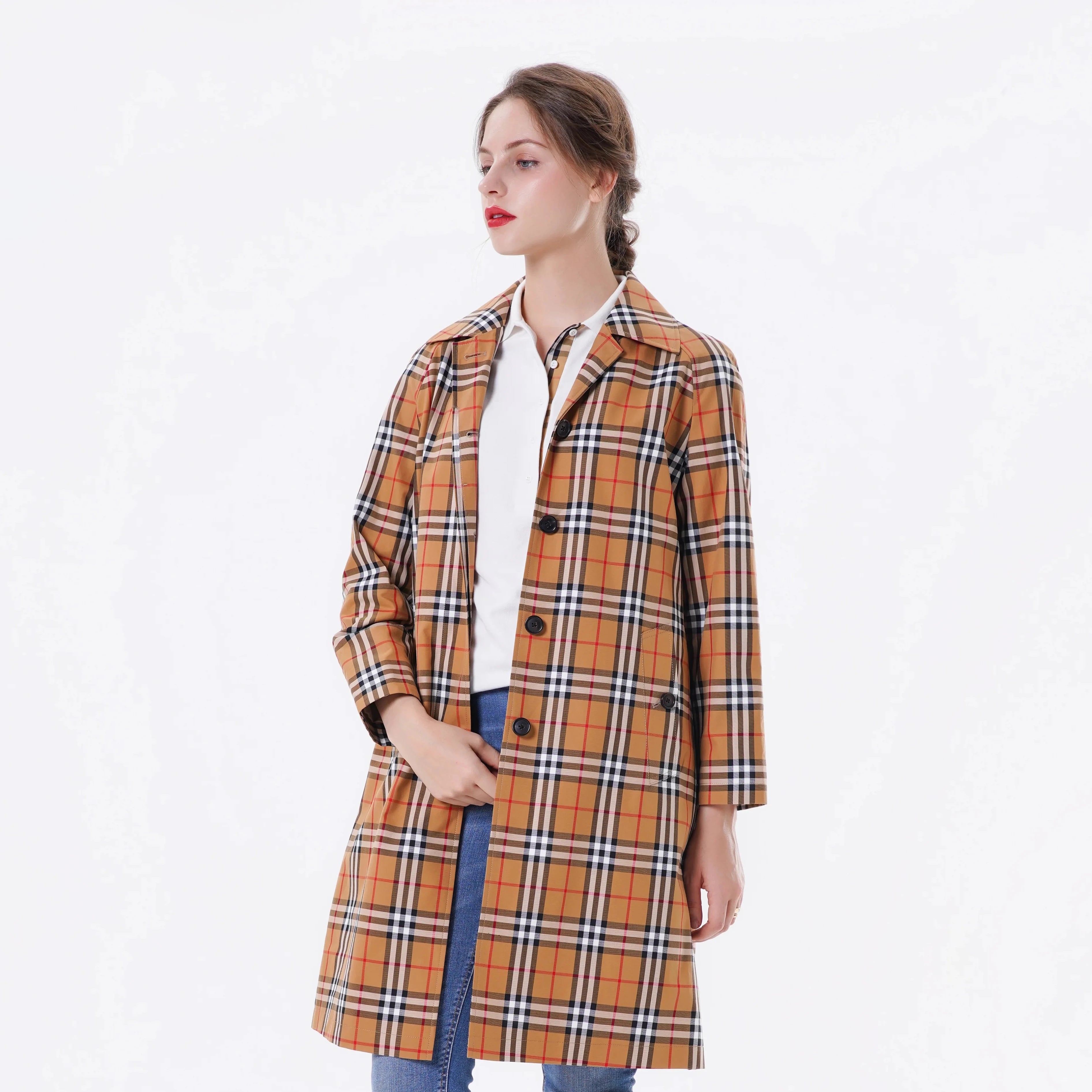 Bosha 2023 Custom Women's Autumn Trench Coat Casual Style Plaid Pattern 100% Cotton Long Coat with Buttons-Wholesale