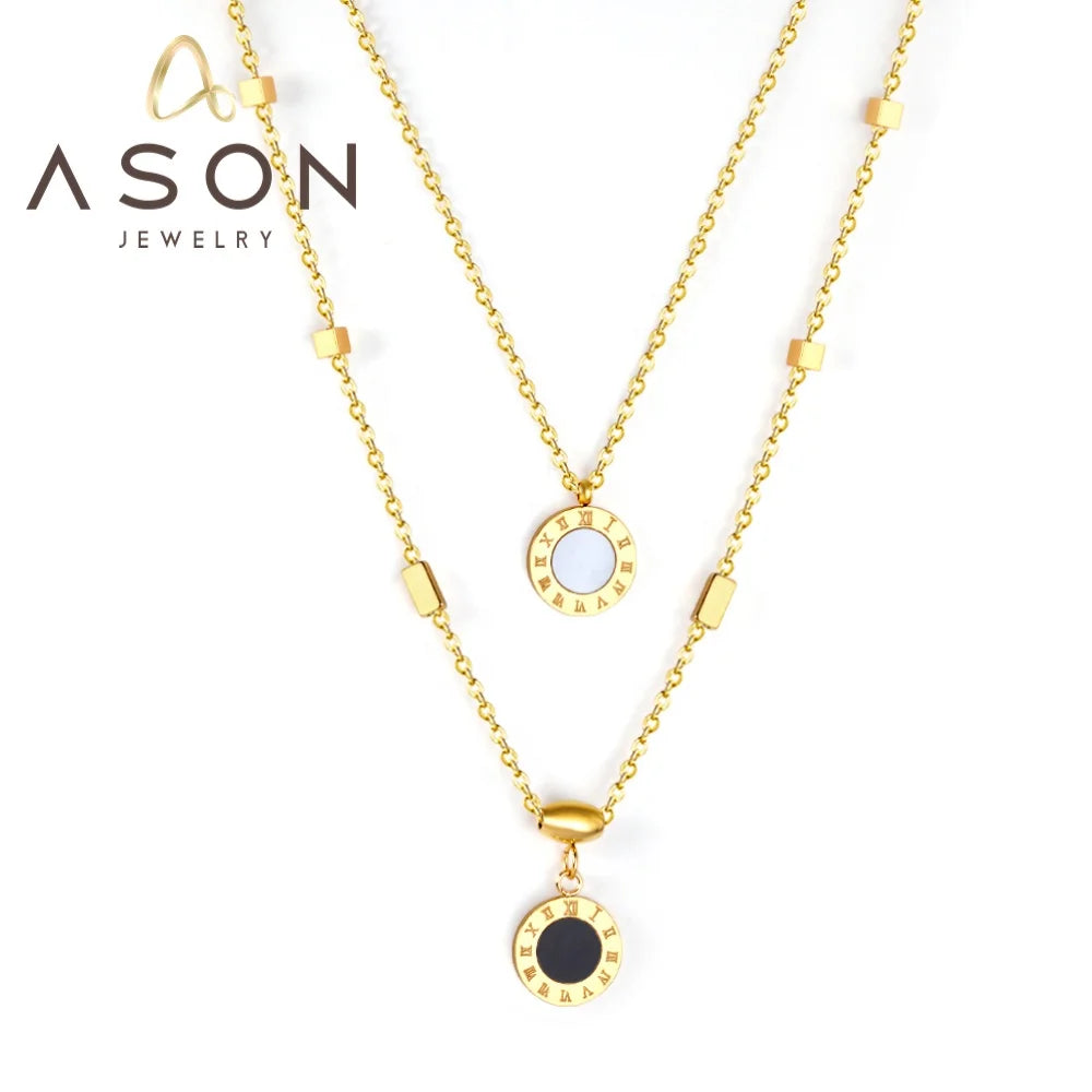 Ason Jewelry Black and White Shell Round Pendant Necklace Stainless Steel Double Layer Necklace for Women