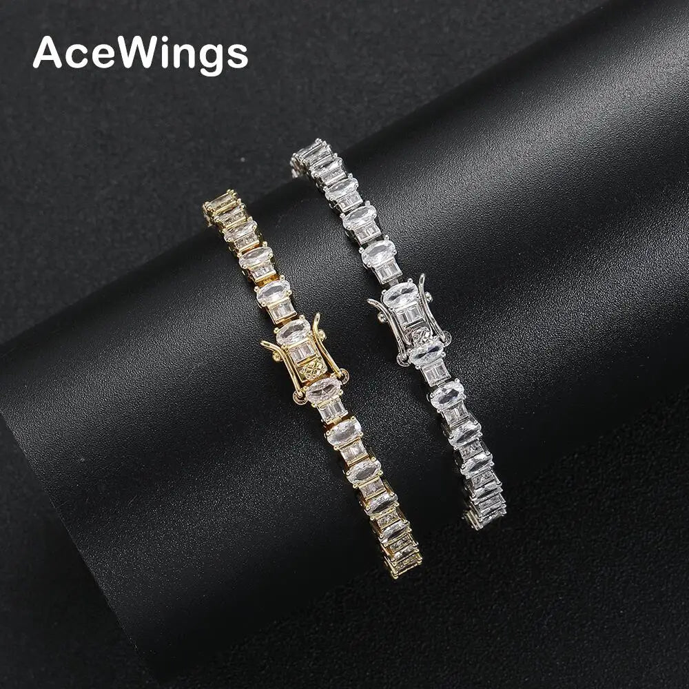 BB129 Women's Geometric Gold Plated Brass Zircon Tennis Chain Bracelet Hip Hop Jewelry