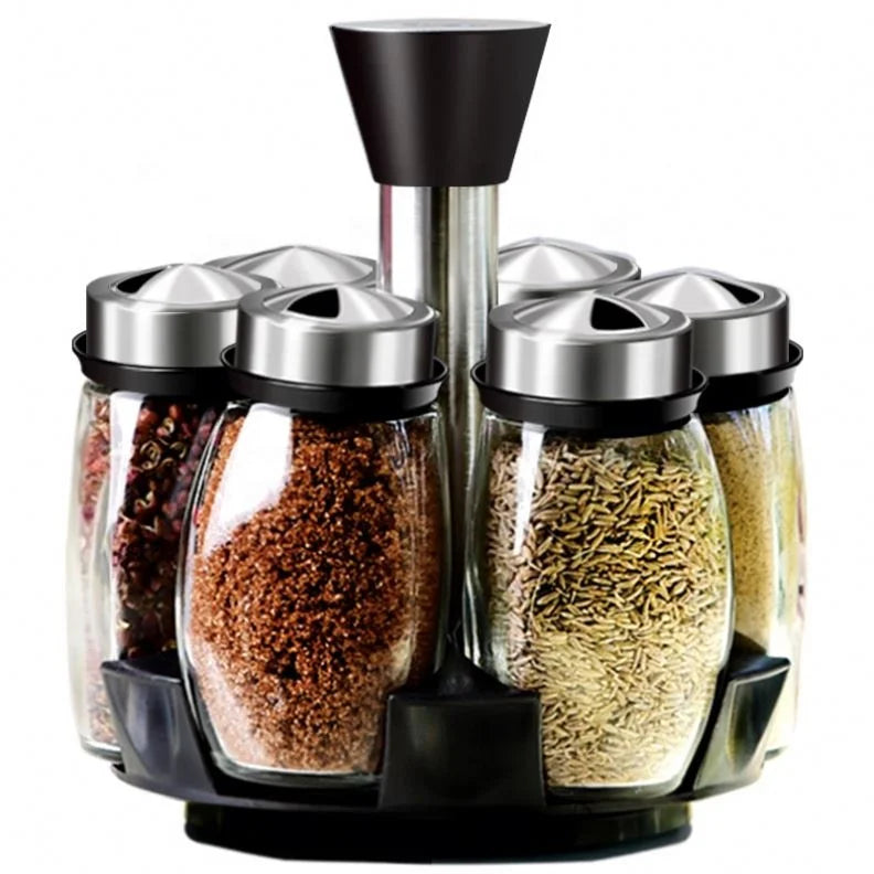 Factory Wholesale 6 Jars Kitchen Revolving Spice Rack Stand Holder Set Seasoning Pot Cruet Set