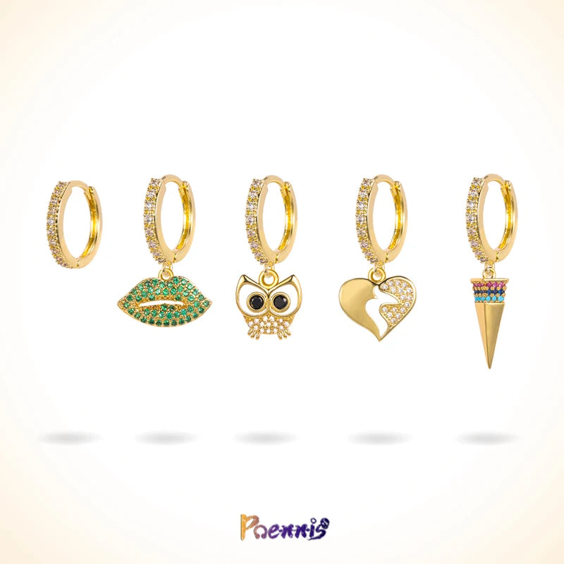POENNIS Wholesale 14K Gold Plated Brass Geometric Hoop Earrings Set Zircon Trendy Dangle Dainty Heart Owl Lips Stud