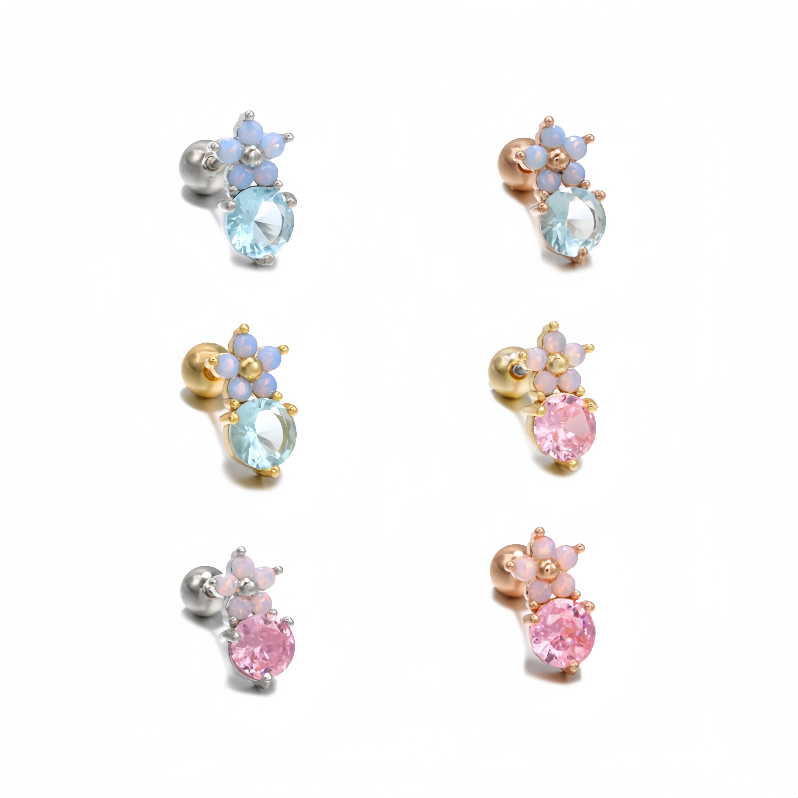 Hot Selling 18k Gold Brass Zircon Earring Piercing Sweet Pink Flower Ear Bone Studs Girl Sense Small Ear Jewelry for Women