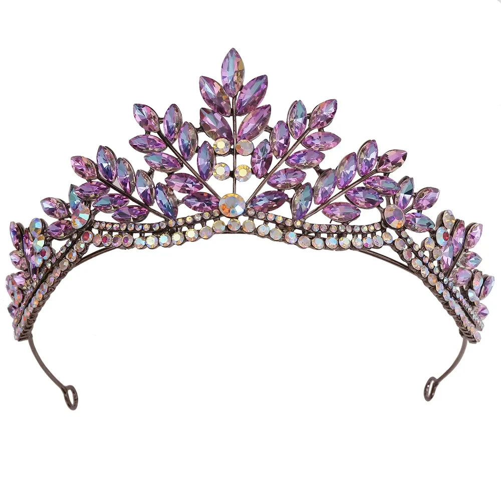 LUOXIN Vintage Bride Queen Bridal Tiaras Hair Accessories Black Metal Crystal Opal Crown for Wedding