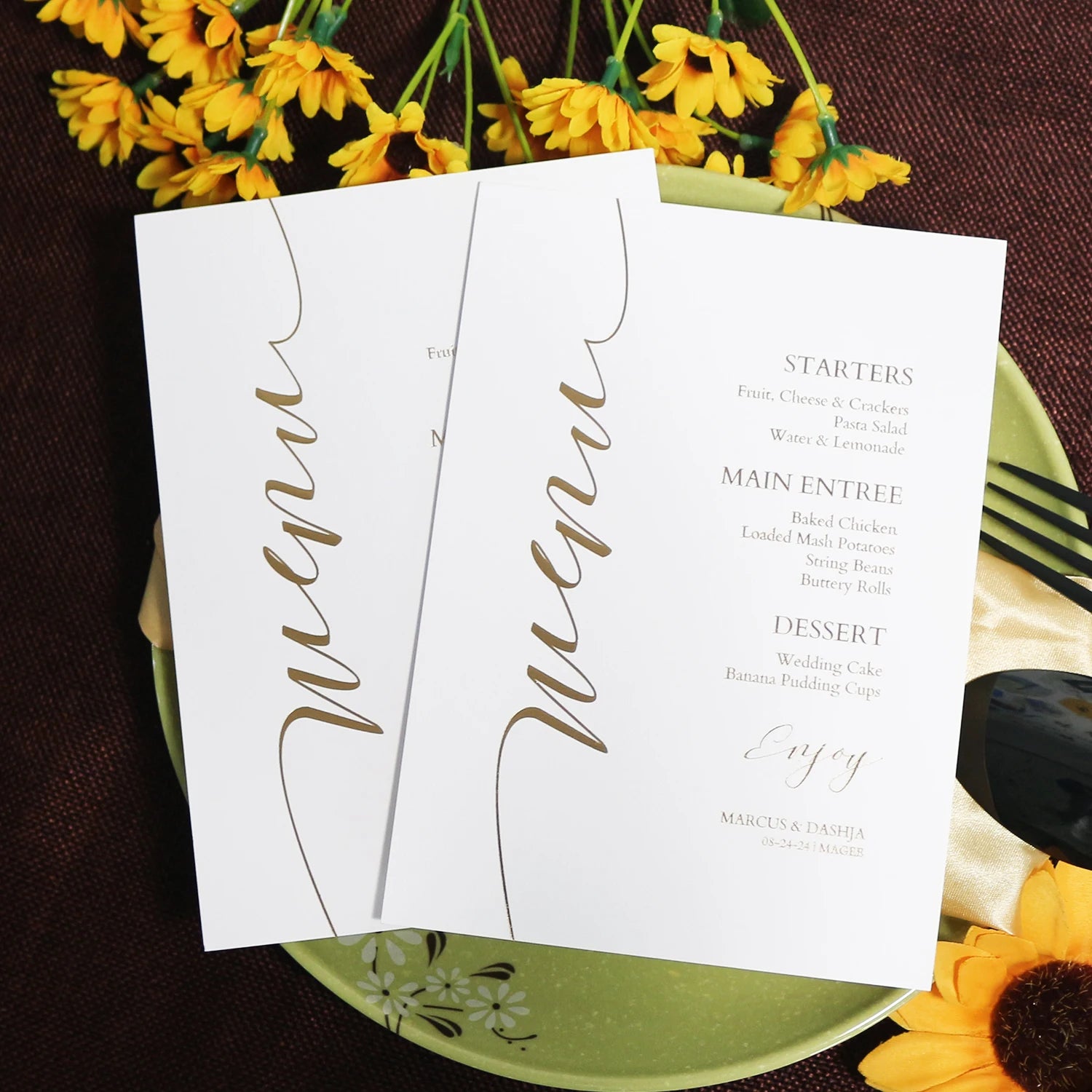 Custom White Cardboard Paper/Acrylic Wedding Single Card Menu Card With Gold Foil Text for Wedding Party
