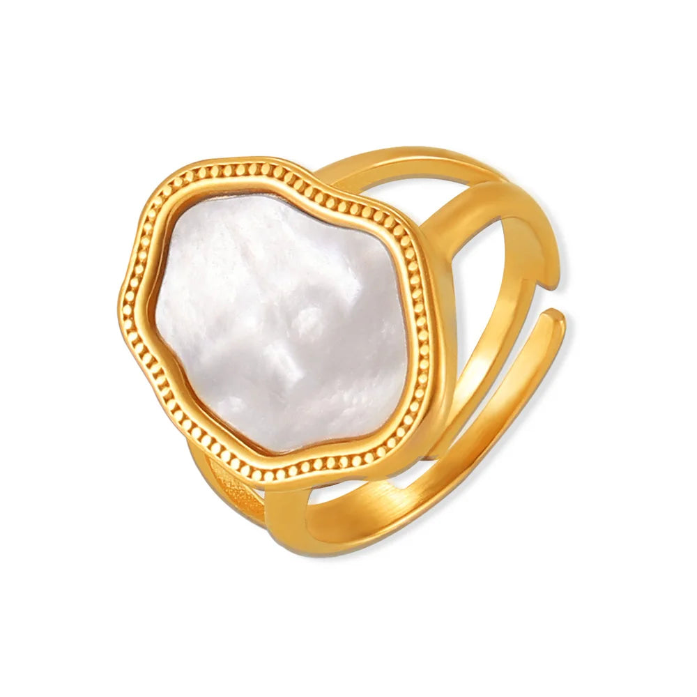 Retro Irregular 18K Gold Plated Stainless Steel White Seashell Adjustable Double Band Ring for Women Family Gathering Jewelry