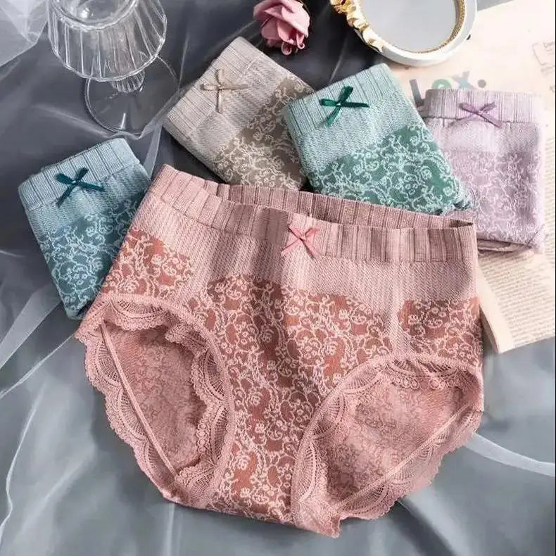 Women's High Waist Large Size Cotton Crotch Panties Postpartum Tuck in Lace Briefs Everyday Knitted Bikini Style