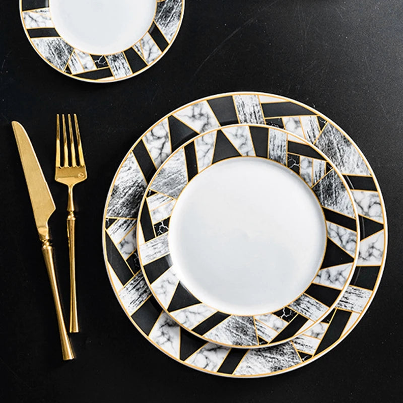 Nordic Ceramic Marble Dinner Set with Cups Marble Glaze Golden Design Porcelain Dinnerware Set with Mug