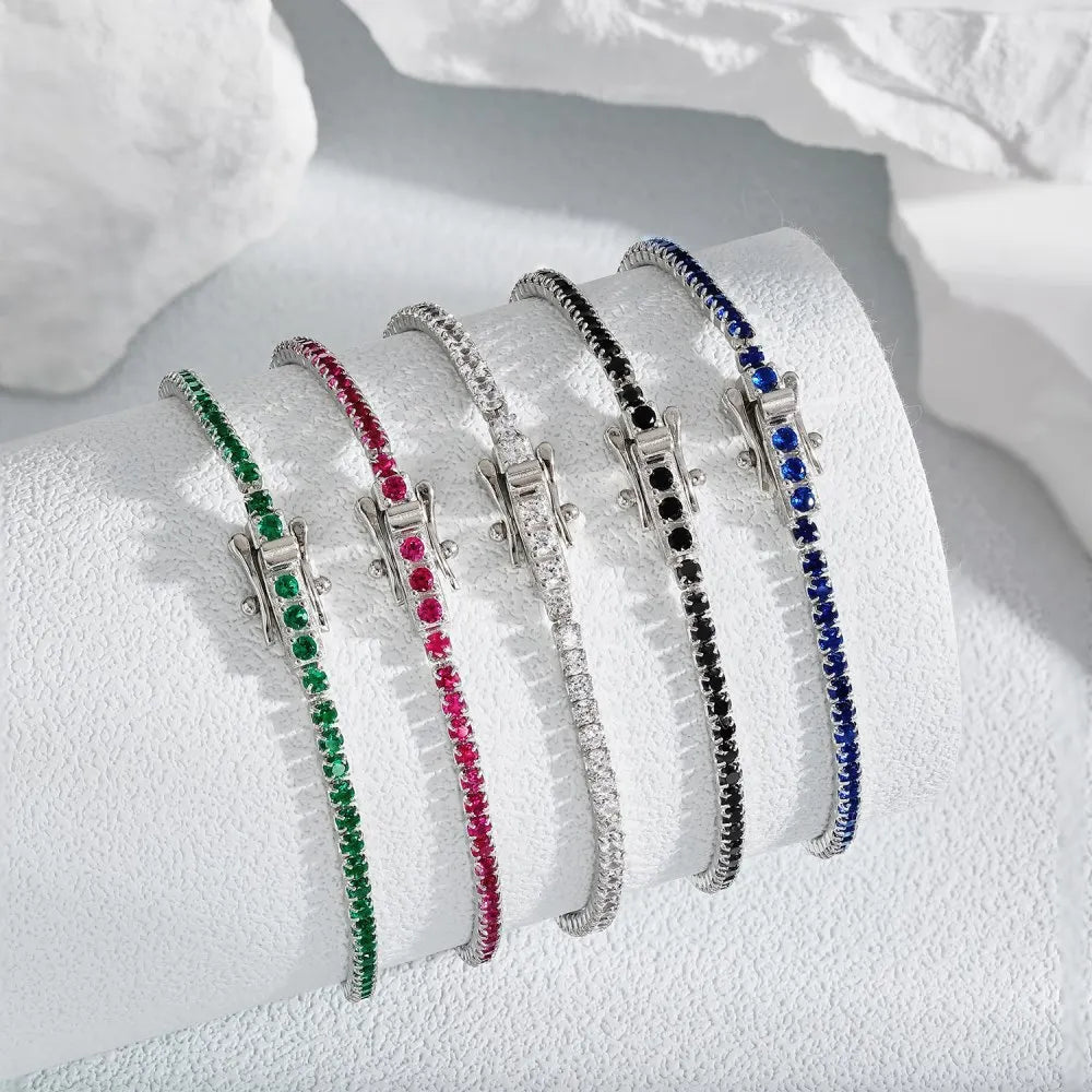2mm Color Cubic Zirconia Blue Eyes Sapphire rainbow 925 Sterling Silver Tennis Bracelet Adjustable for Women