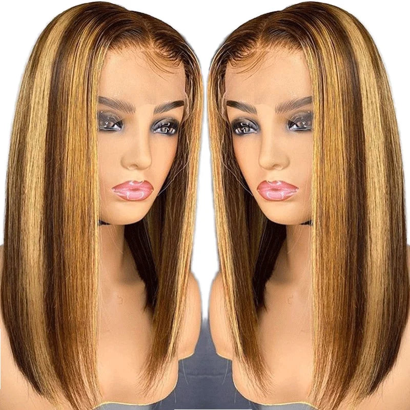 Highlight Lace Front Bob Wig Human Hair 12 Inch Ombre Honey Blonde 13x4 Transparent Lace Frontal Wigs Pre Plucked 4/27 Colored