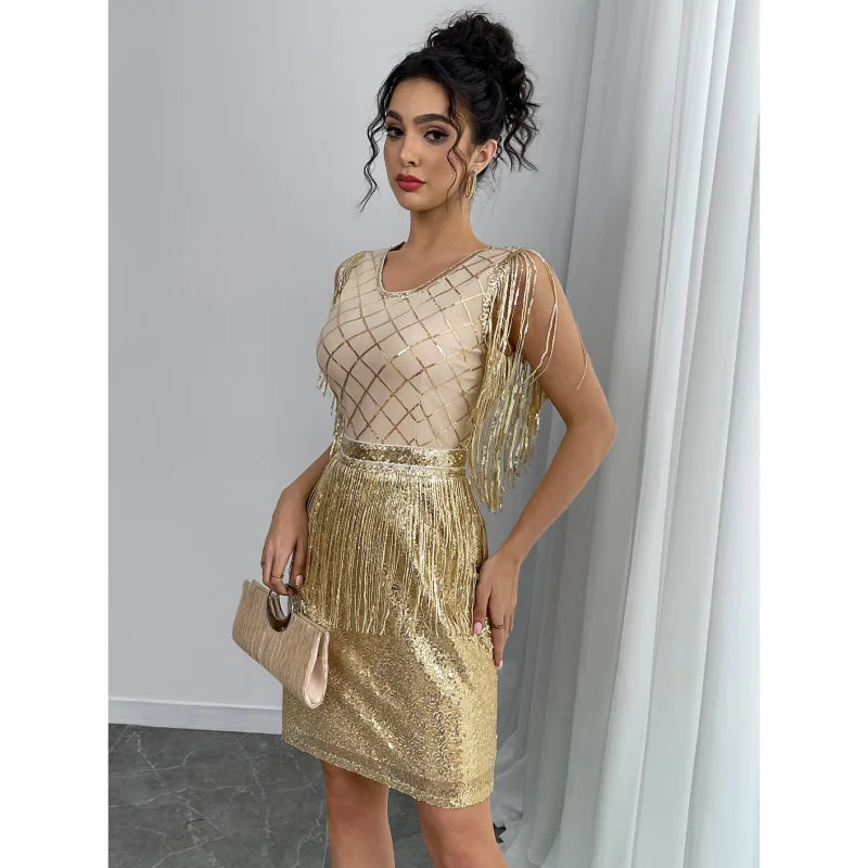 Hot Women's Fashion Sexy Tassel Sequins Splicing Golden Party Dress Evening Gowns with Natural Waistline