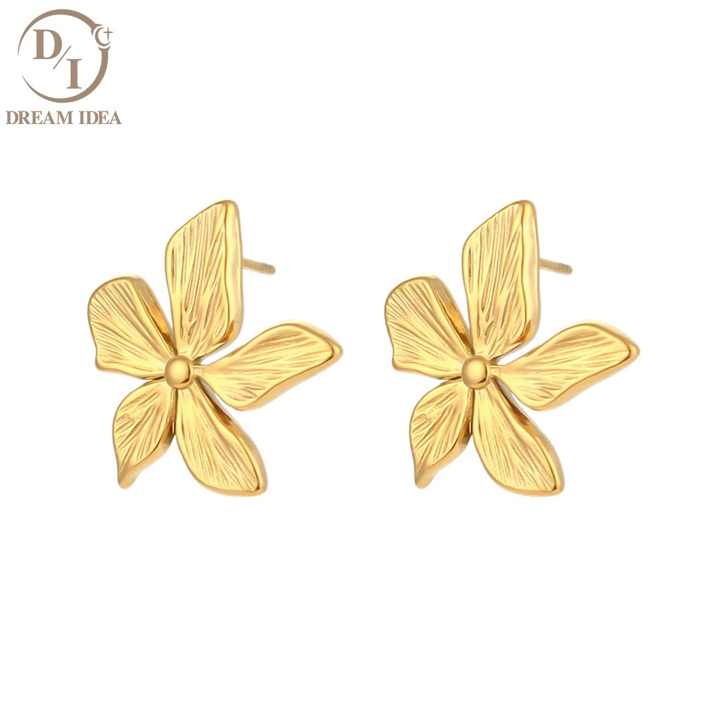Vintage French Style 18K Gold Plated Stainless Steel Stud Earrings Floral Hoop Jewelry for Women for Wedding Party or Gift
