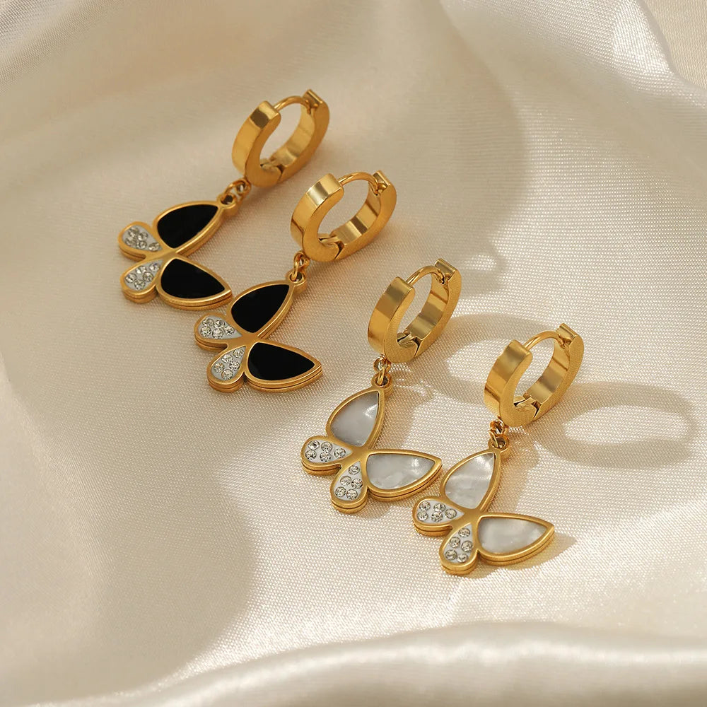 Butterfly  Pendant White Crystal Hoop Jewelry Earrings 18K Gold Planted Stainless Steel Stud Earrings for Women