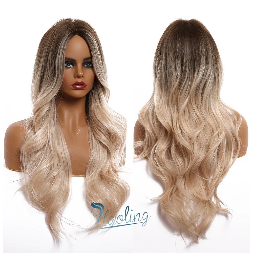 HAOLING Curly Synthetic Wig Wavy Ombre Brown Blonde Synthetic Wigs Middle Part Wigs for Black Women