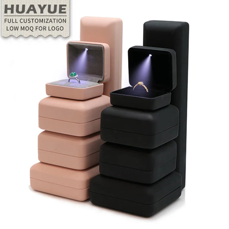 Custom Logo Printed Led PU Leather Round-corner Flip Bracelet Pendant Necklace Women Ring Led Jewelry Packaging Box with Light