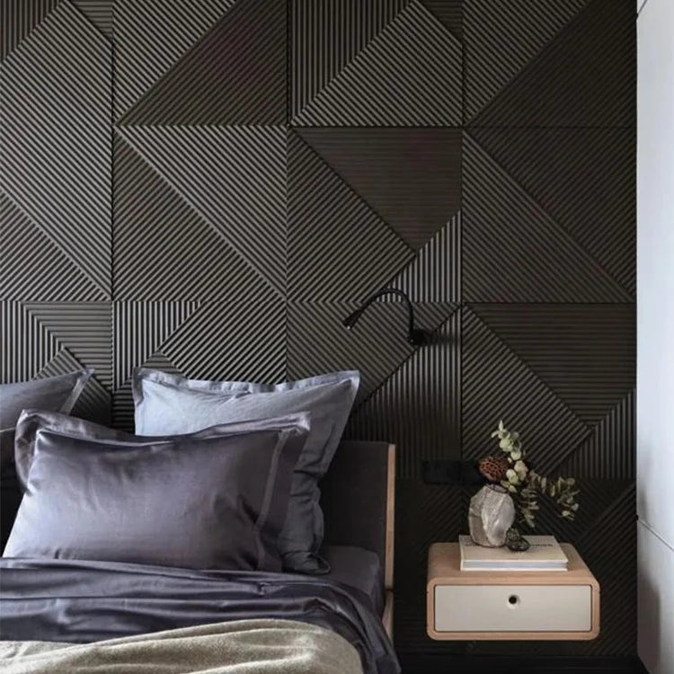 MUMU Carving 3D Effect Black Wallboard Cladding Modern Art Indoor Decorative Wood Strip Wall Slat Panel