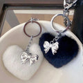 Bow Love Heart Fluffy Pompom Bag Charm Plush Keychain Y2k Girl Silver Bowknot Backpack Pendant Car Key Ring Decor Accessories