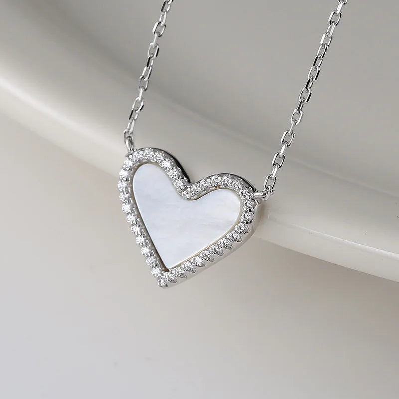 Mother of Pearl Heart Necklace for Women 925 Sterling Silver with Cubic Zirconia Setting Dainty Fine Jewelry Gift
