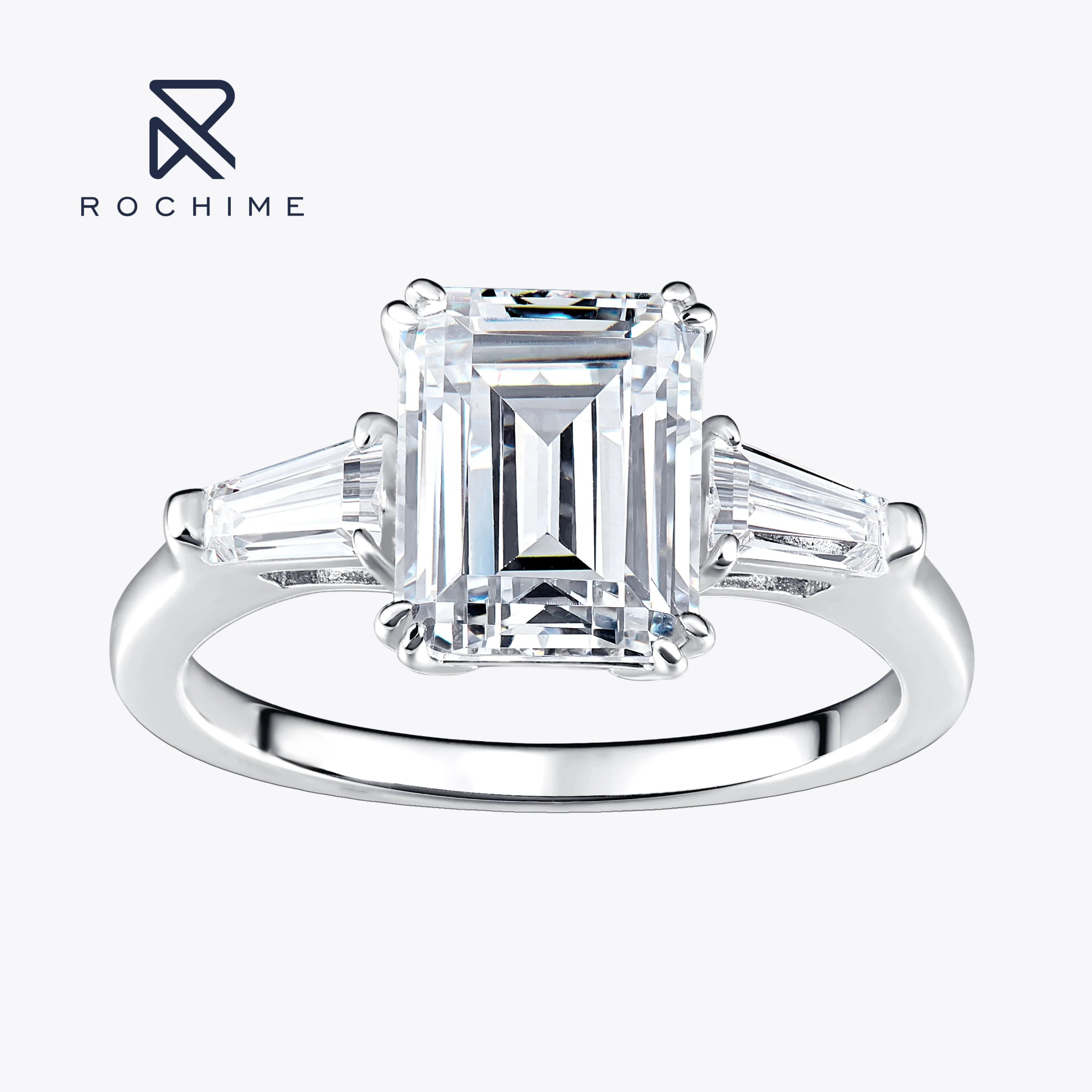 Rochime Classic Emerald Cut Lab Grow Diamond Ring with Side Stones 925 Sterling Silver Rhodium Plated Luxury 5a  Zircon Jewelry
